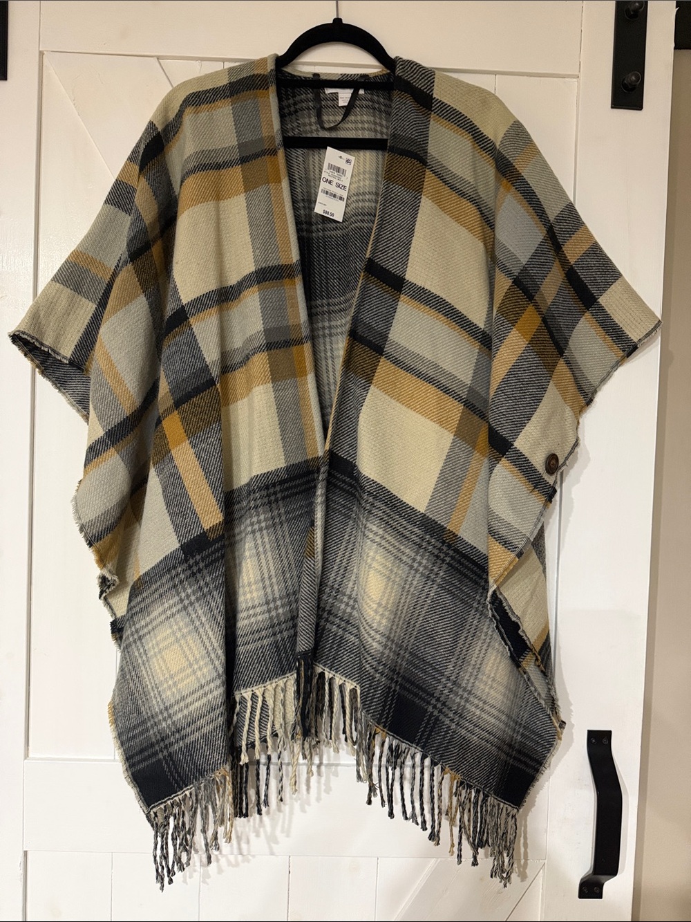 Charter Club Plaid Fringe Poncho in Cream, Mustard & Black